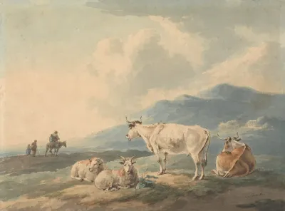 Mountain Landscape With Cows And Goats Foreground And Figures Left