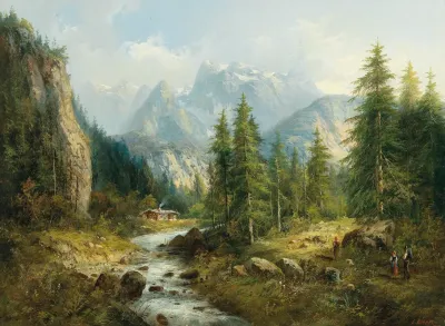 Mountain Landscape With Decorative Figures