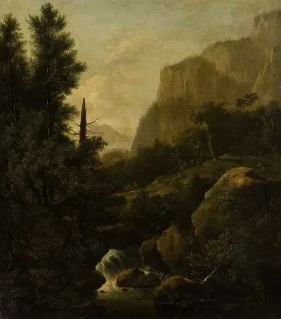 Mountain Landscape With Deer Hunt At A Waterfall
