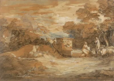 Mountain Landscape With Figures Sheep And Fountain