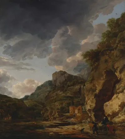 Mountain Landscape With River And Wagon