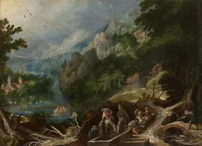 Mountain Landscape With Travelers At A Well