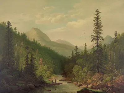 Mountain Scene 2 Men 1 Fishing