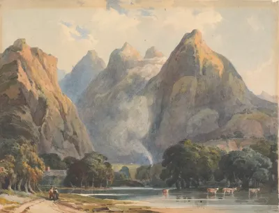 Mountain Scene With Stream Cows And Figures