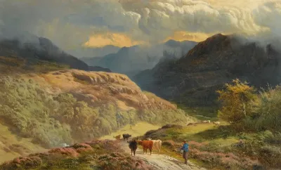 Mountainous Lake Scene With Figures And Cattle