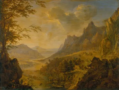 Mountainous Landscape With A River In The Foreground A Village With Several Boats Moored At The Bank