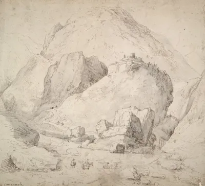 Mountainous Landscape With Figure On Horseback In Foreground