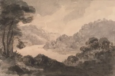Mountainous Landscape With River Trees And Foliage In Foreground