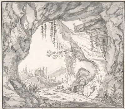 Mountainous Landscape With Ruins Of A Castle And Three Men In A Cave Seen Through A Stone Gate