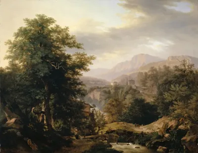Mountainous Landscape With Staffage Figures And Stream