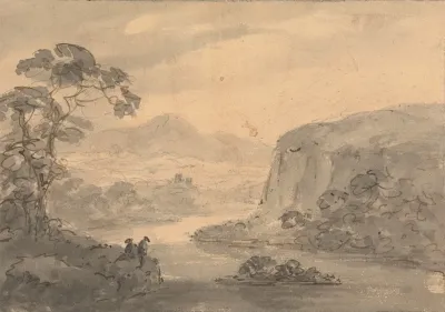 Mountainous Landscape With Two Figures Overlooking A Lake