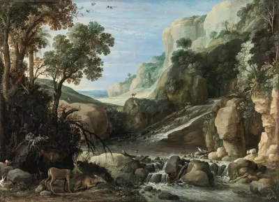 Mountainous Landscape With Wildlife Around A Cascade