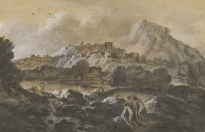Mountainous River Landscape With Bathers