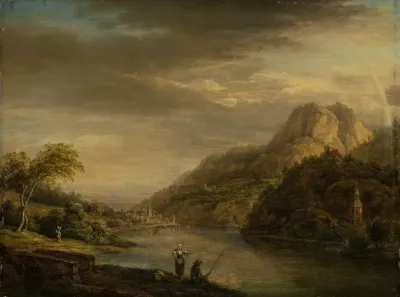 Mountainous River Landscape With Rainbow