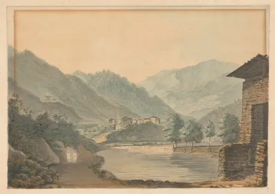 Mountainous Scene With Buildings And River
