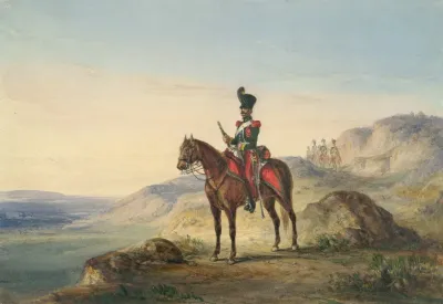 Mounted Soldier In Rocky Terrain With Guards In Distance