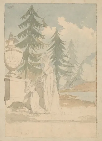Mourning Scene With Mother And Two Children By Monument Near Pine Trees