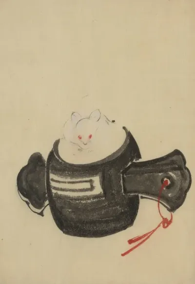 Mouse Facing Front Sitting On A Mallet With Red Ribbon Through A Hole In The Handle