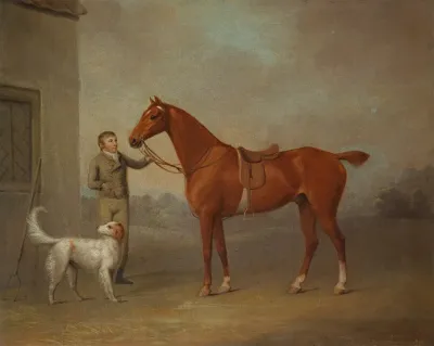 Mr Yarburghs Chestnut Hunter Robin Hood Held By A Groom With A Dog In A Landscap