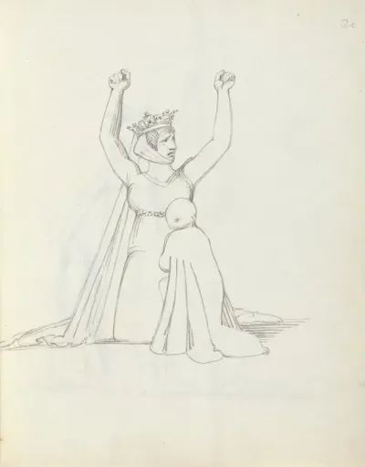 Mrs Siddons Kneeling With Arms Raised Over Her Head Hands Are Curled Into Fist