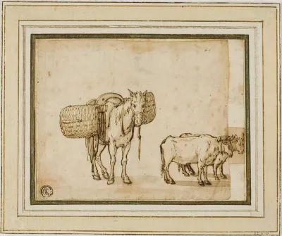 Mule Carrying Baskets Pair Of Yoked Oxen
