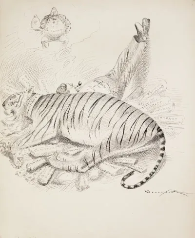 Murphy Rests Leaning Against A Large Tiger Representing Tammany Hall