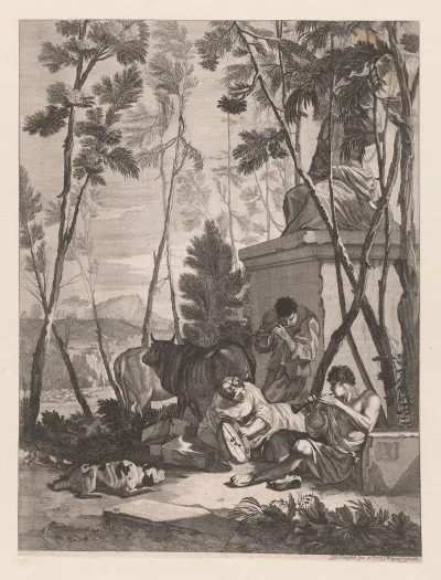 Music Making Shepherds In A Landscape Near A Sculpture