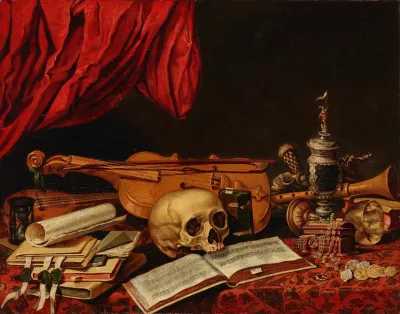 Musical Instruments Books An Hourglass A Ewer And A Skull On A Table A Vanitas