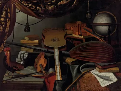 Musical Instruments Books Music Scores A Globe And A Rooster On A Table Draped With A Carpet
