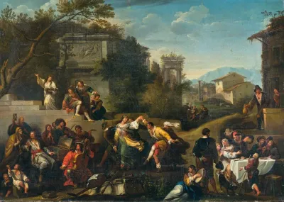 Musicians And Dancing Figures In An Ideal Landscape With Ruins And Buildings Beyond