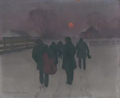 Musicians Returning In The Early Morning Through Snowed Landscape