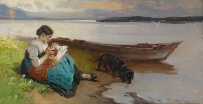 Mutter Mit Kind Am Ufer Des Sees