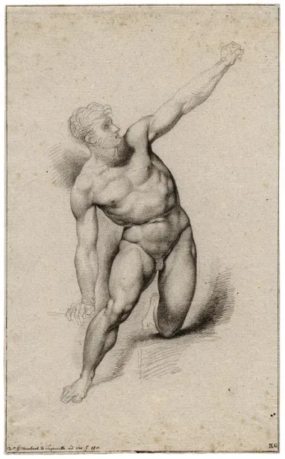 Naakte Knielende Man Met Geheven Arm