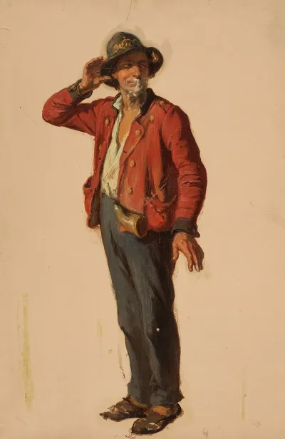Nach Rechts Stehender Mann Mit Hut Und Roter Jacke