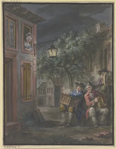 Nachtliches Standchen In Der Gasse Eines Stadtchens