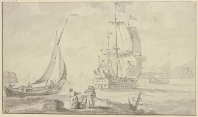 Nah Am Strand Ein Groses Schiff Links Am Strand Ein Absegelndes Boot