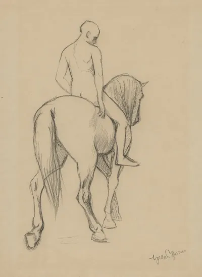 Naked Man On Horseback Depicted From The Back