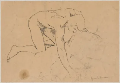 Naked Young Man Kneeling On A Rock And Reaching Out To A Spring With His Hand