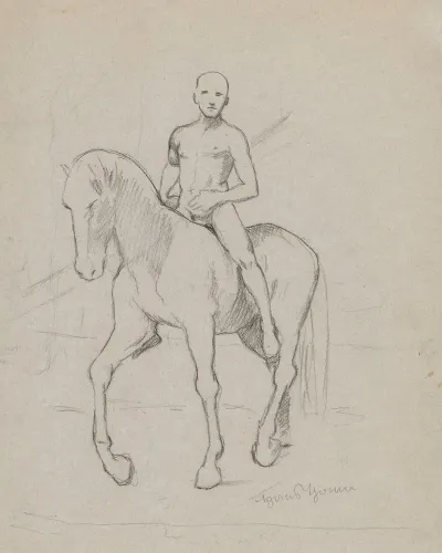 Naked Young Man Riding A Horse