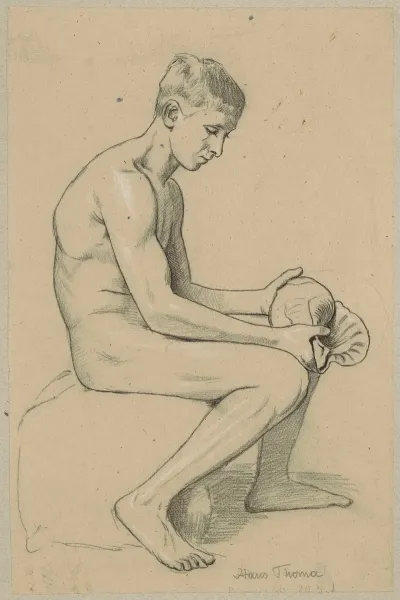 Naked Young Man With A Shell Sitting On A Stone