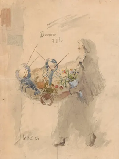 Name Day Card For Maria Mickiewiczowna With A Drawing Showing A Self Portrait Of The Artist Carrying A Basket With Frutti Di Mare