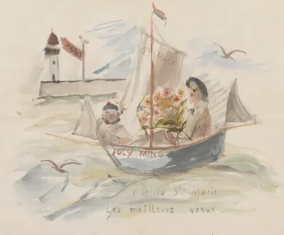 Name Day Card For Maria Mickiewiczowna With A Drawing Showing A Self Portrait Of The Artist In A Boat