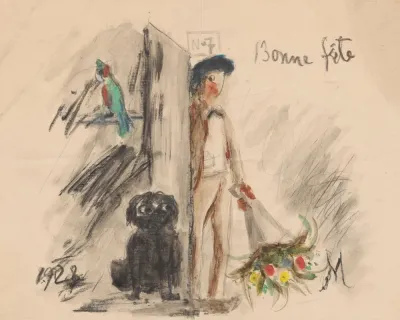 Name Day Card For Maria Mickiewiczowna With A Drawing Showing Self Portrait Of The Artist Standing In Doorway