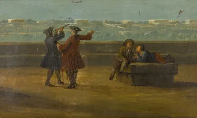 Naples A View Over Il Miglio Doro With Figures On A Terrace With A Telescope