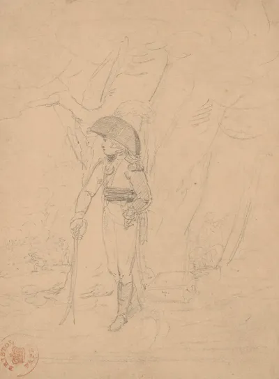 Napoleonic Officer Standing Beside Tree And Chest