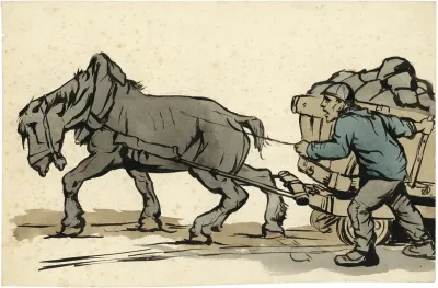 Natiepaard Met Wagen En Arbeider