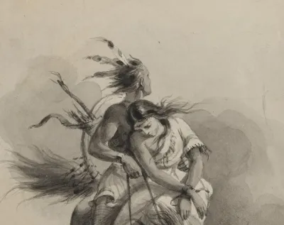 Native American On Horse Holding Girl With Tied Hands