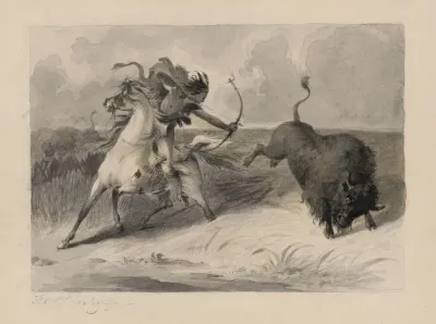 Native American On Horseback Hunting Buffalo