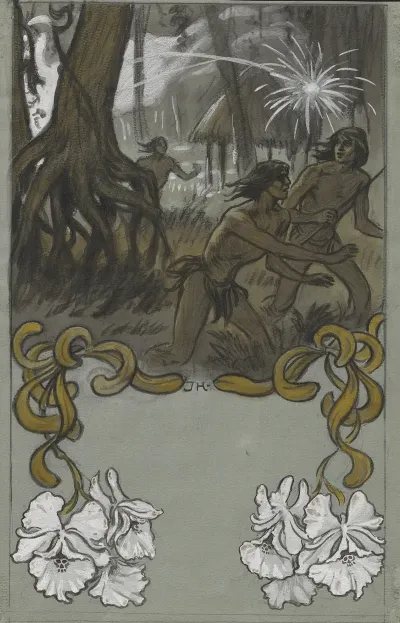 Natives Fleeing Gunfire Near A Large Mangrove Tree