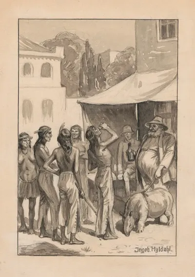 Natives Receive Brandy From A Corpulent Man With An Anteater On A Leash
